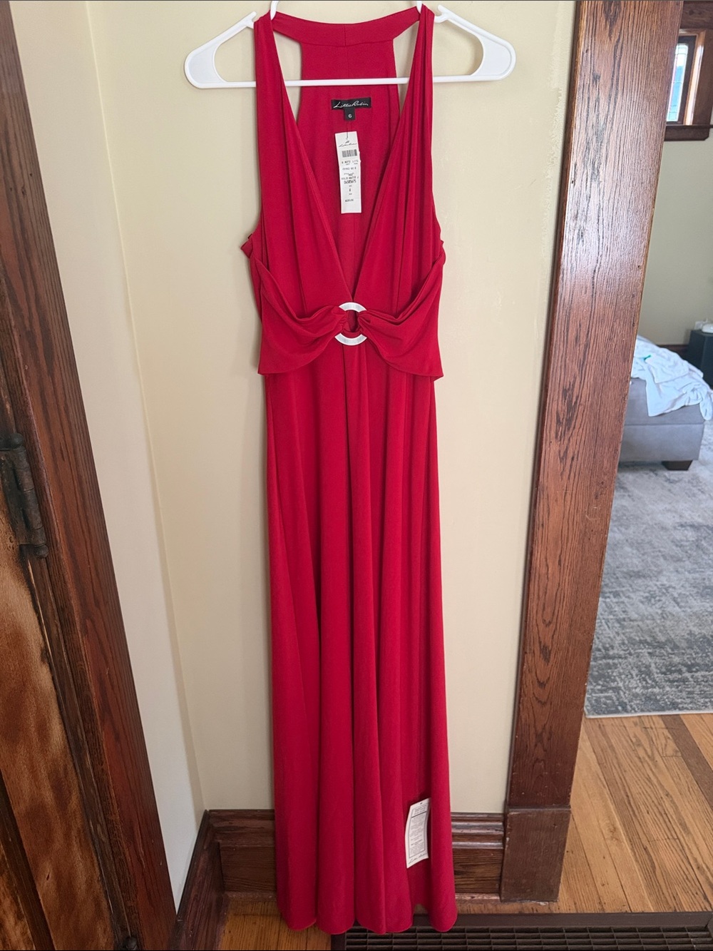 Red Halter Long Formal Dress with Front Ring Detail